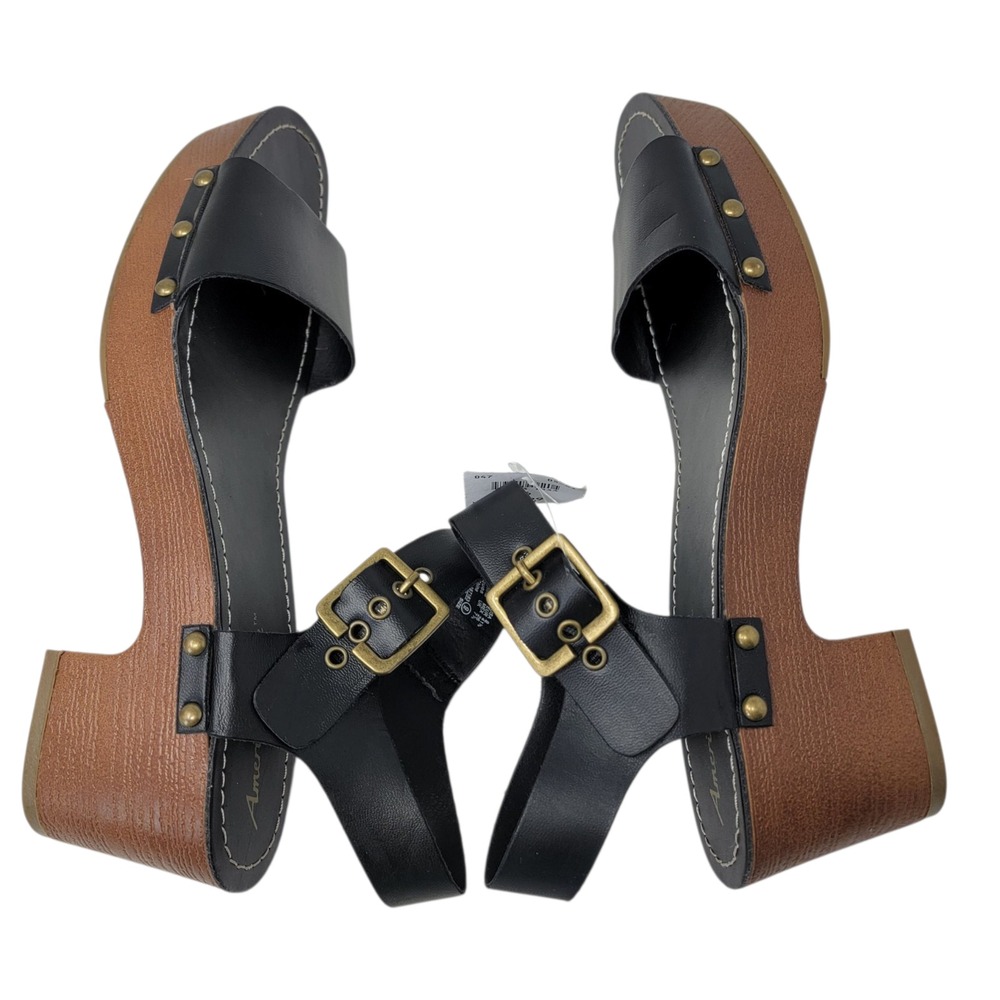 American‎ Eagle Sandals Size 9 Black Strappy Block Heel Studded Buckle Strap New - Picture 8 of 14